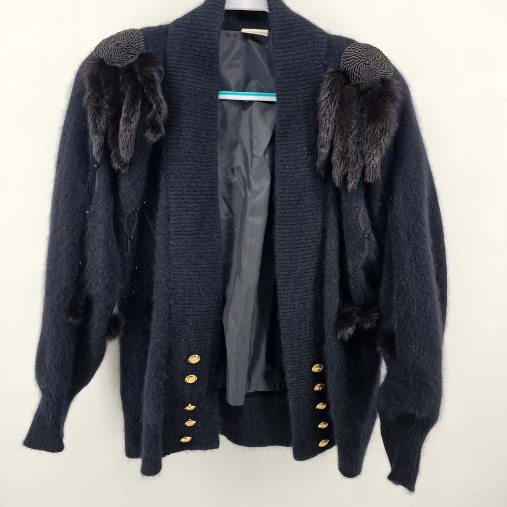 Duscha Cardigan Women Black Angora Fur Trim Beaded Vintage 80s Glam